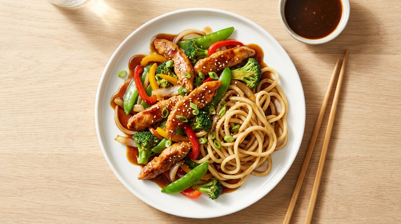 Teriyaki scharrelkip met wokgroenten en verse noedels