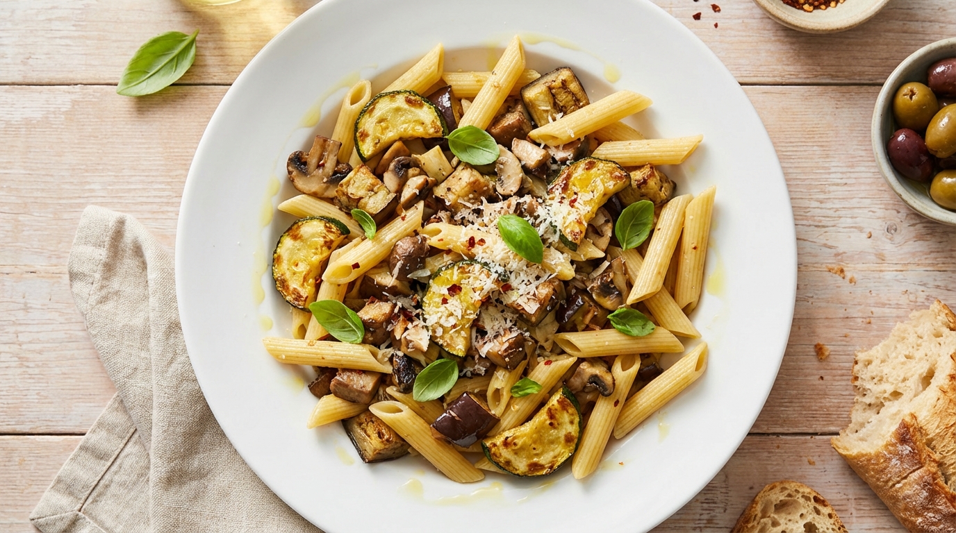 Mediterrane penne met geroosterde courgette, aubergine en paddenstoelen
