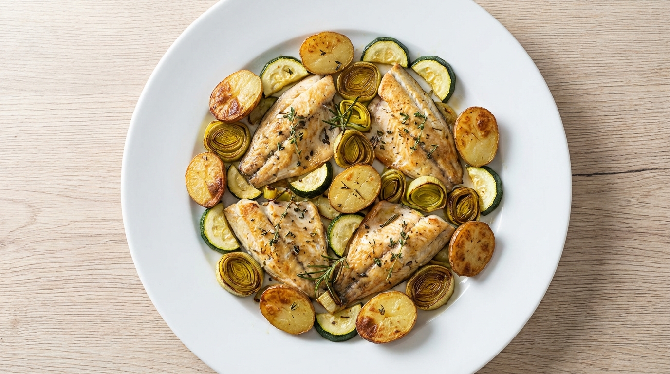 Mediterrane doradefilet uit de oven met prei, courgette en aardappelen
