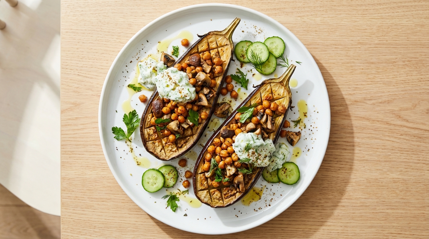 Midden-Oosterse geroosterde aubergine met kikkererwten, couscous en komkommer-tzatziki