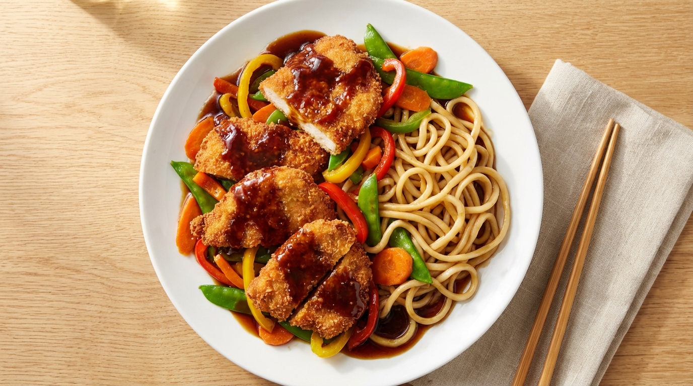 Teriyaki kipschnitzels met wokgroenten en verse noedels