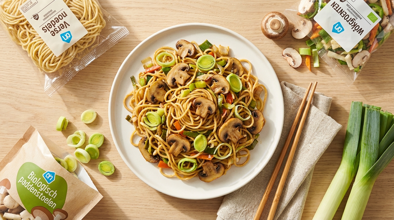 Aziatische woknoedels met prei, paddenstoelen en wokgroenten
