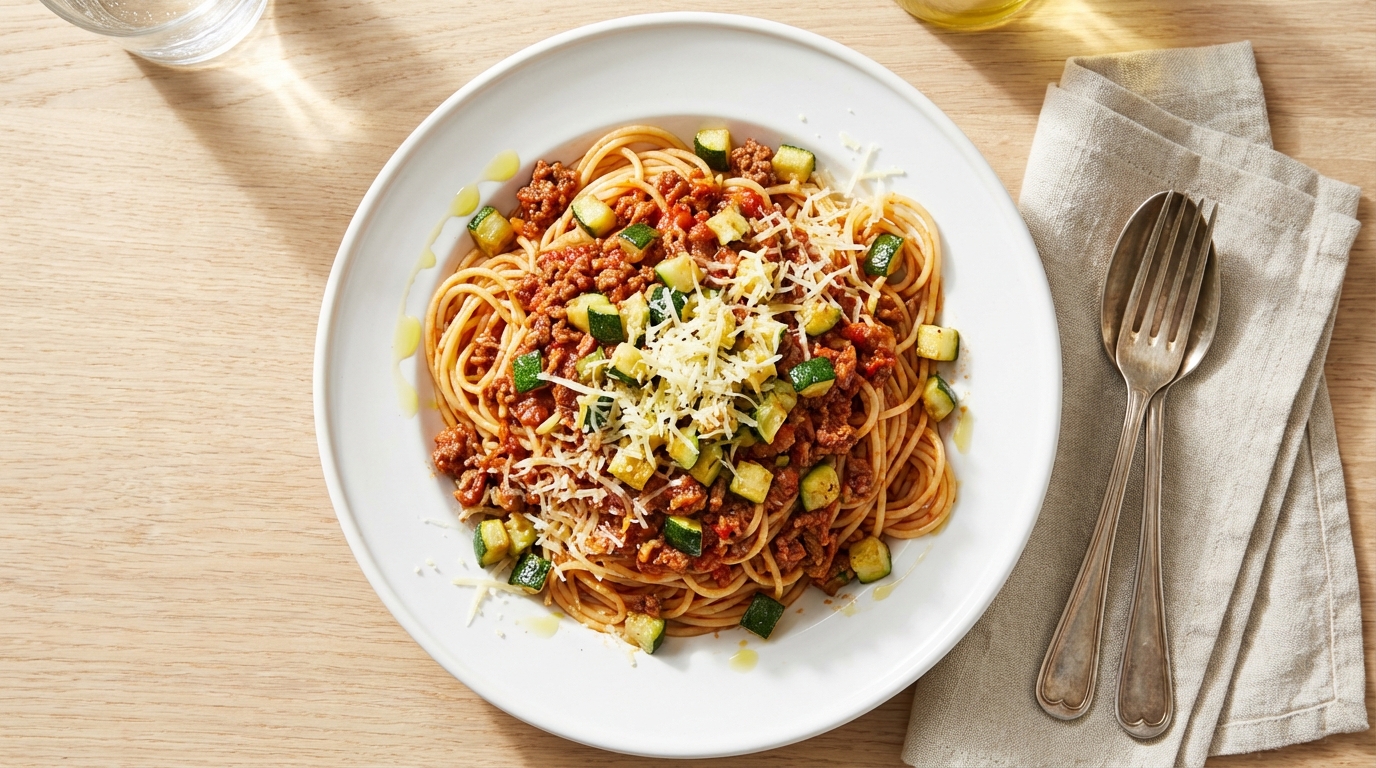 Spaghetti bolognese met courgette en vers geraspte kaas