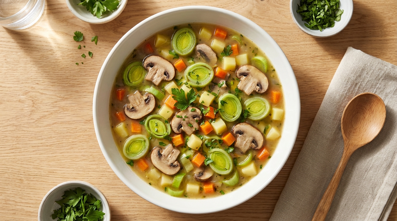 Stevige groentesoep met prei, paddenstoelen en aardappelen