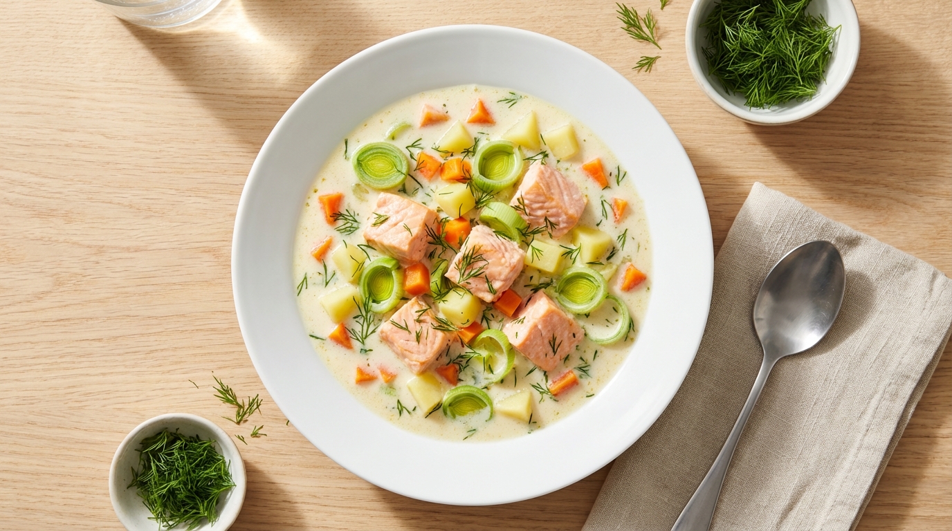 Romige zalmsoep met prei, wortel en dille