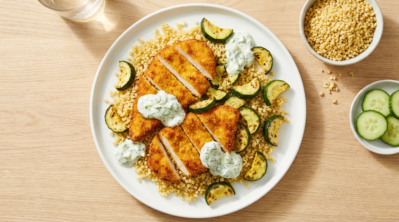 Marokkaanse scharrelkip met courgette, komkommer-yoghurt en bulgur