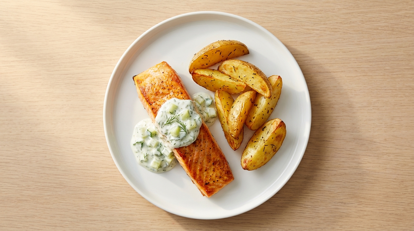 Geroosterde zalmfilet met komkommer-tzatziki en aardappelen