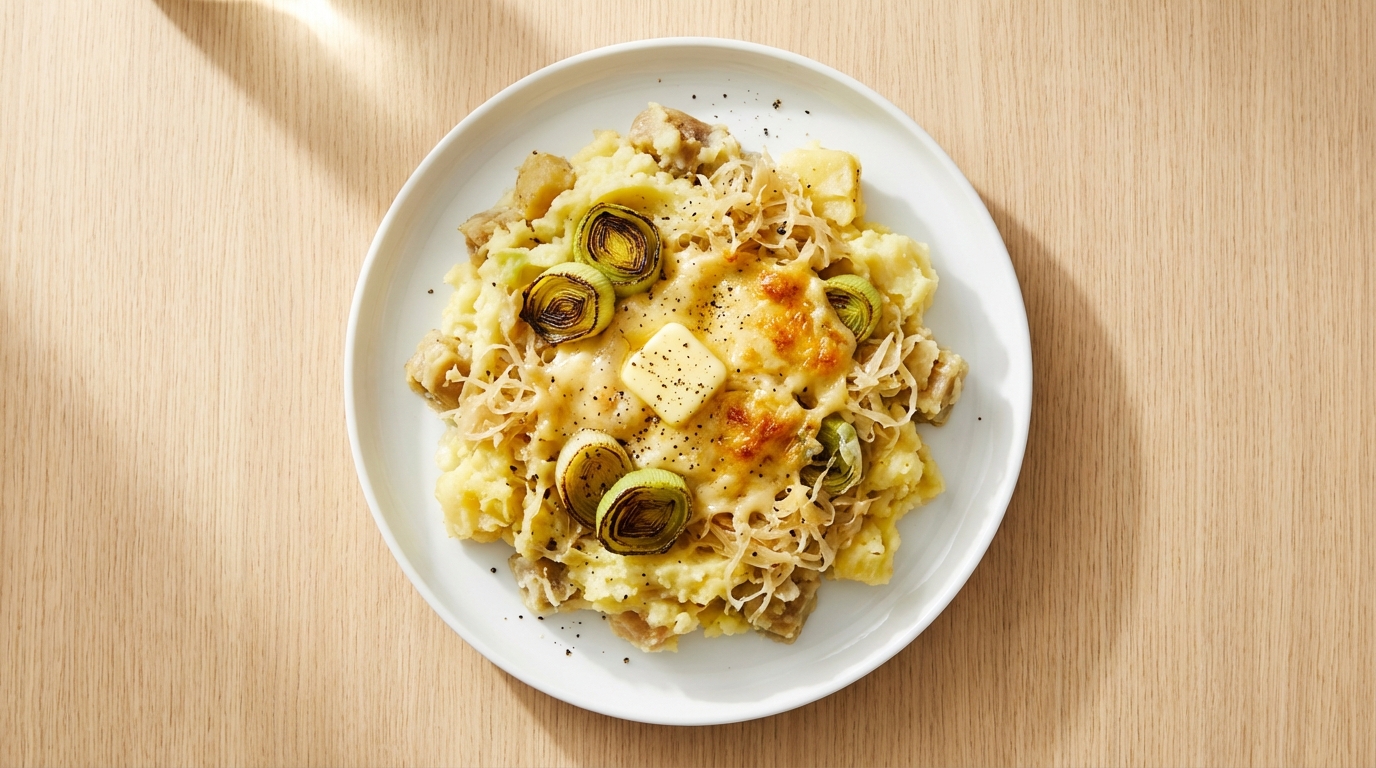 Hollandse zuurkoolstamppot met gegrilde prei en boerenkaas