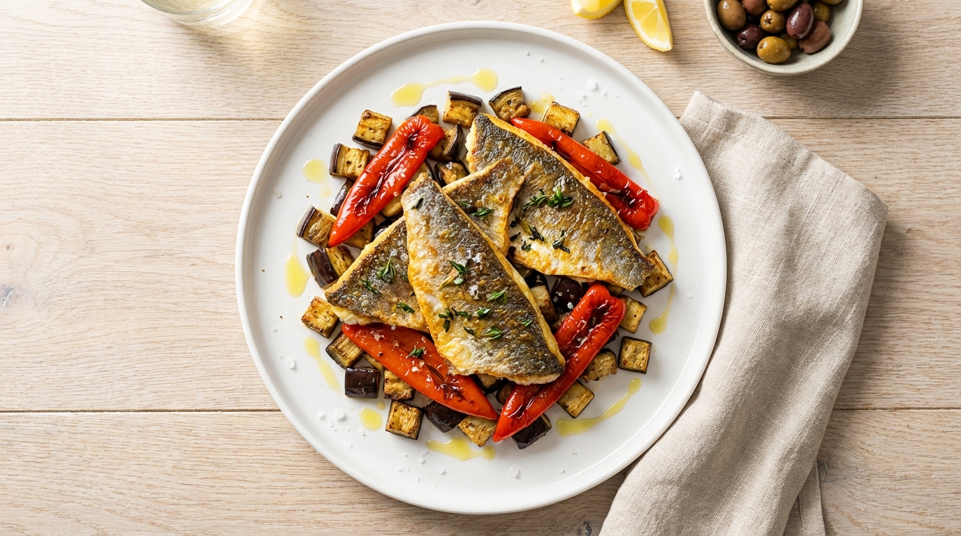 Mediterrane doradefilet met geroosterde aubergine en puntpaprika