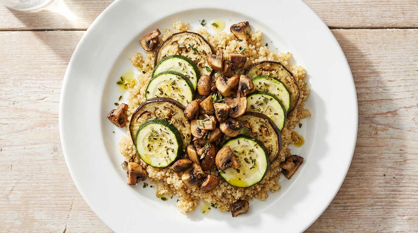 Provençaalse groenteovenschotel met courgette, aubergine en paddenstoelen