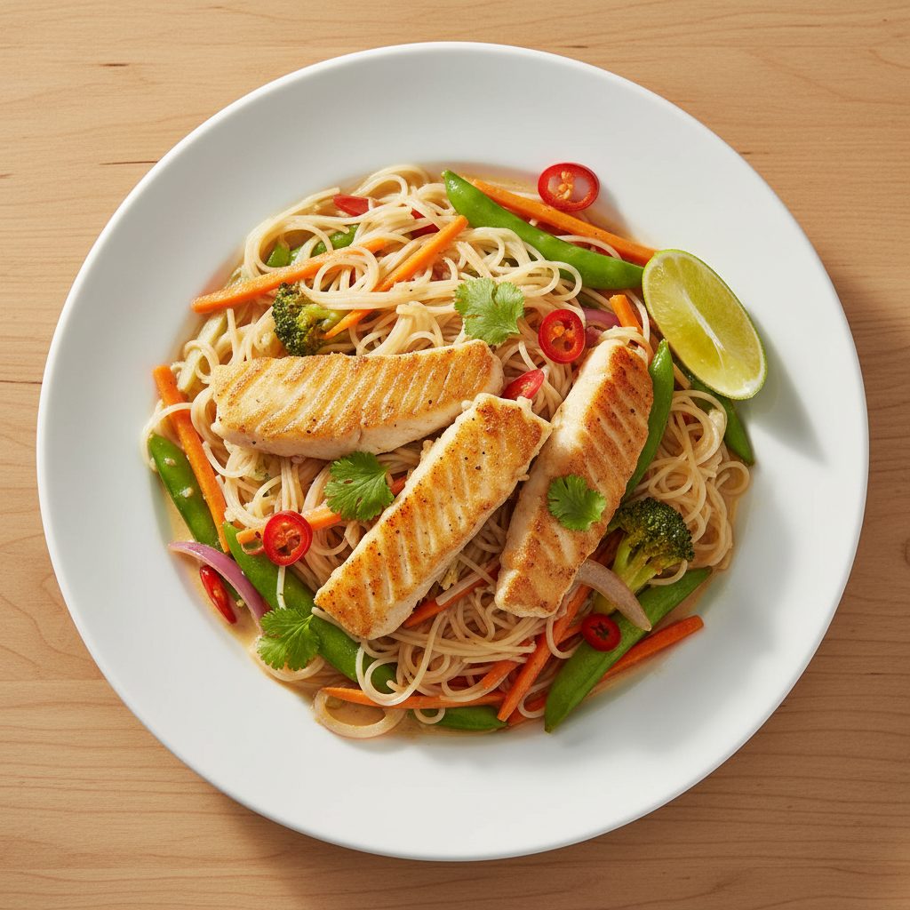 Roerbakvis met rijstnoedels en wokgroenten in gembersaus