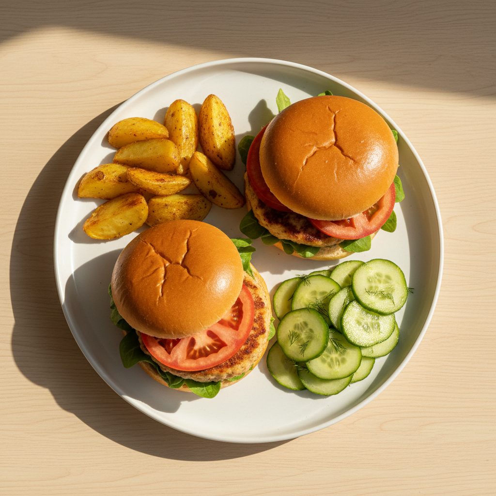 Kipburgers met bakaardappelen en frisse komkommersalade