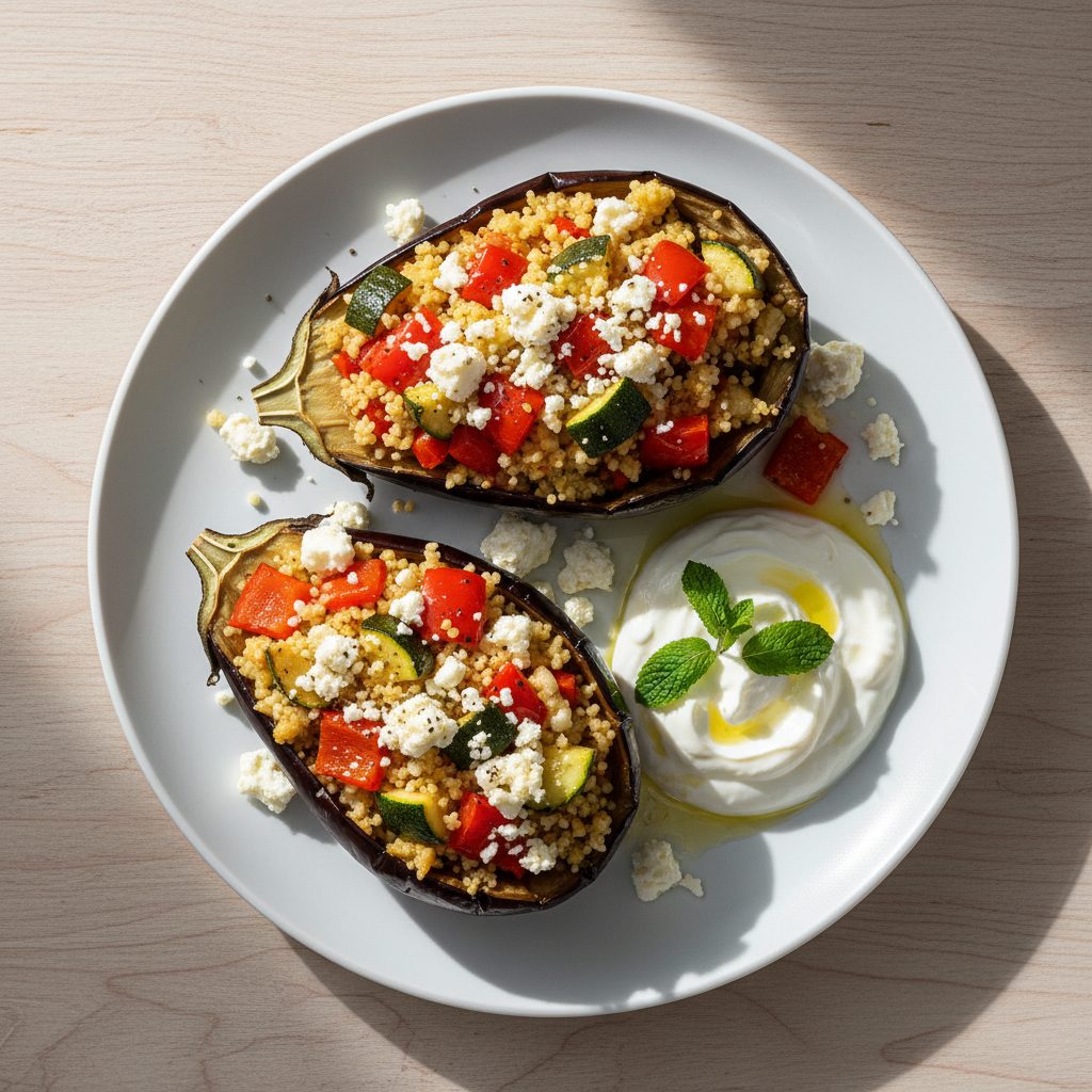 Gevulde aubergine met couscous, feta en geroosterde groenten