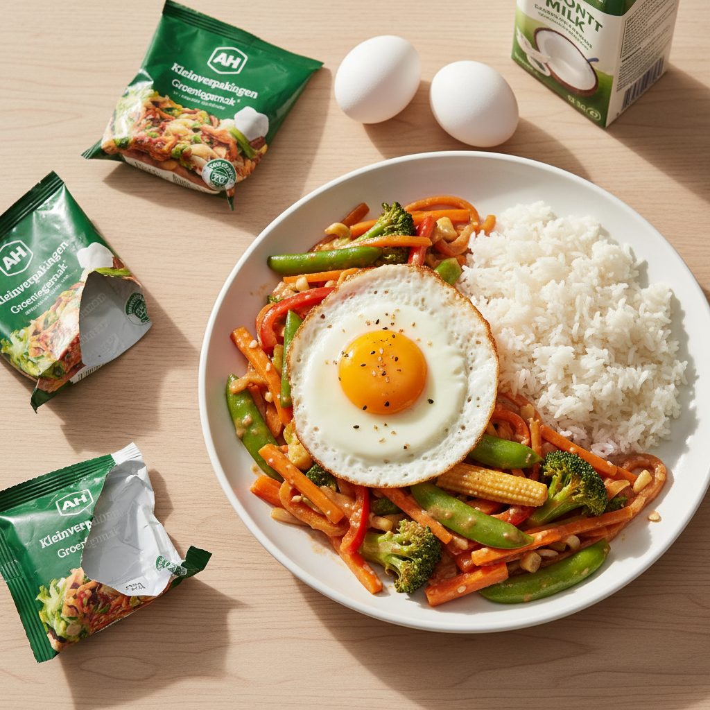 Aziatische groentegemak-wok met gebakken ei en kokos-sojasaus