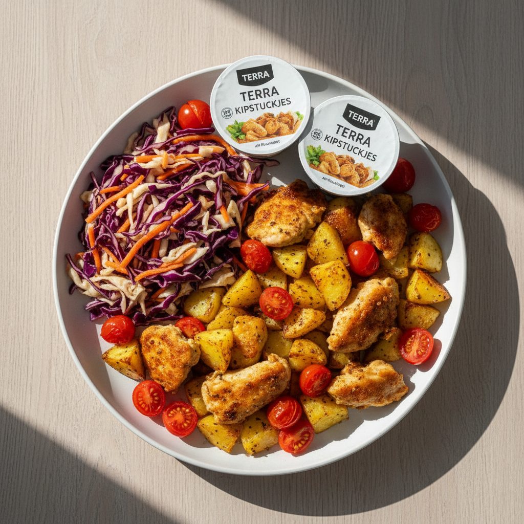 Snelle kip-aardappelpan met pittige rauwkost