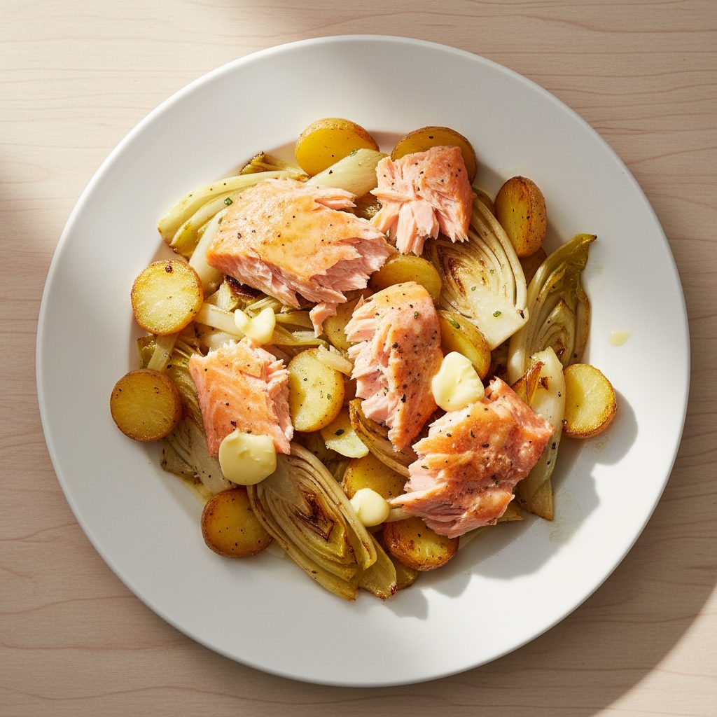 Gerookte zalmpan met witlof en bakaardappelen