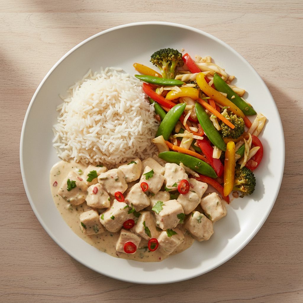 Kipfiletblokjes in kokossaus met rijst en wokgroenten
