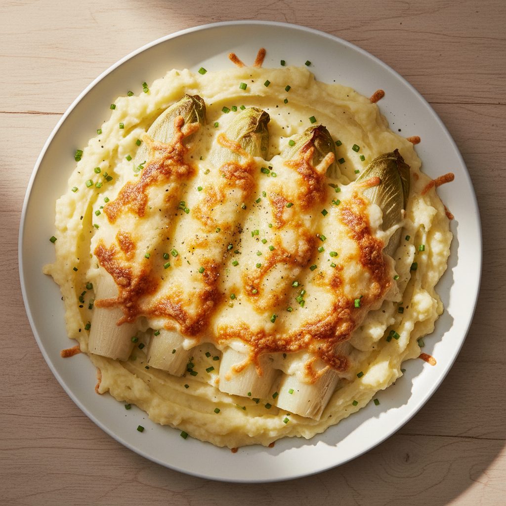 Witlofschotel met aardappelpuree en gesmolten kaas