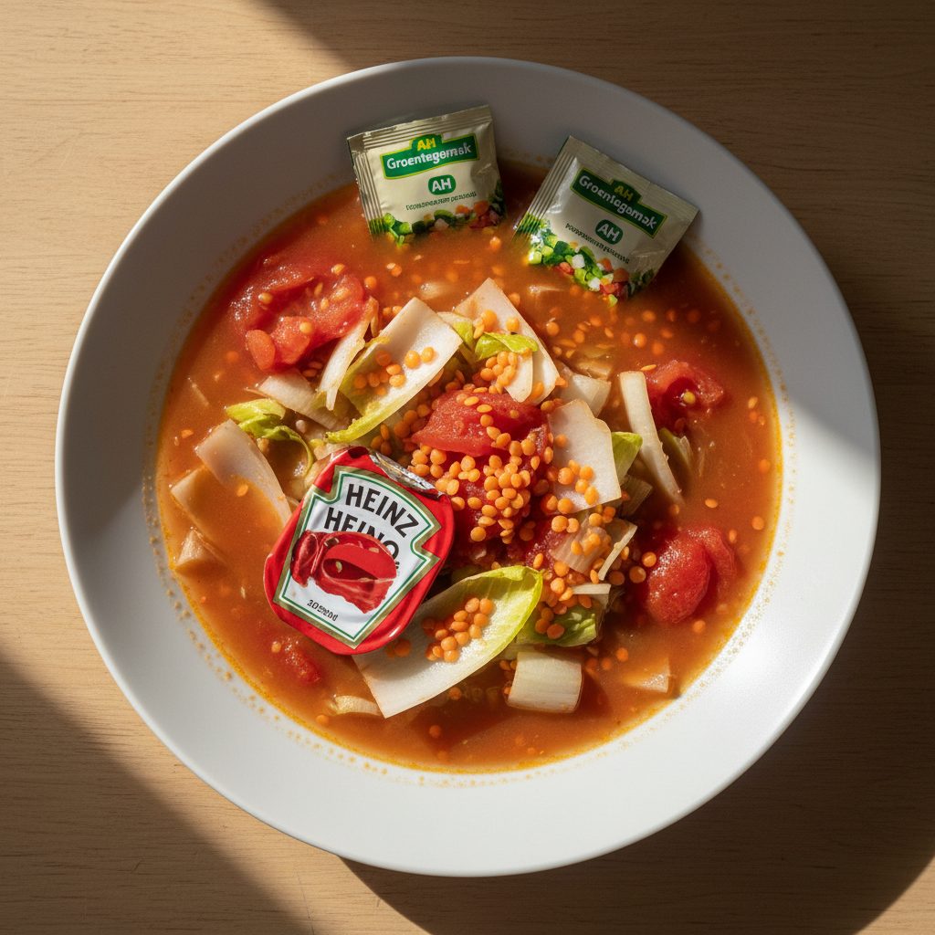 Rustieke tomatensoep met witlof en rode linzen