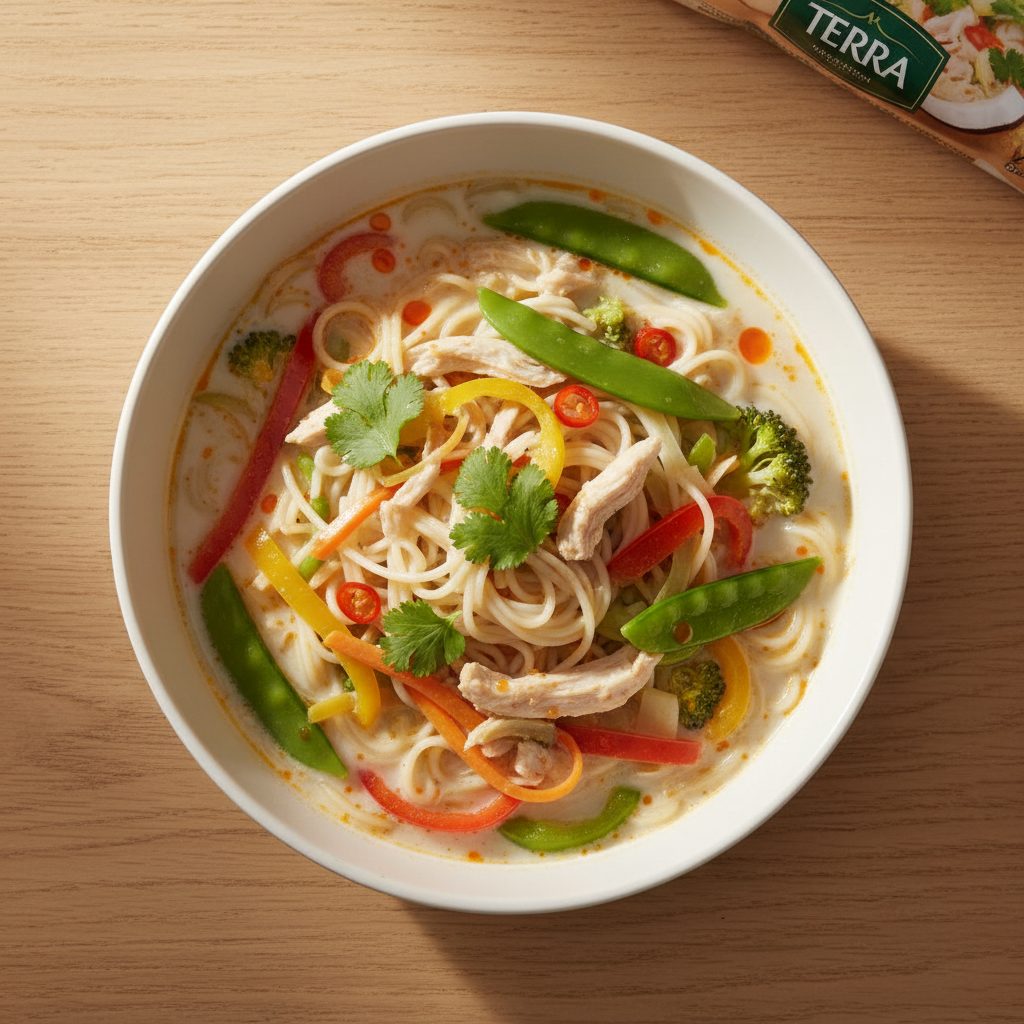 Thaise kokos-kippensoep met groentegemak en rijstnoedels