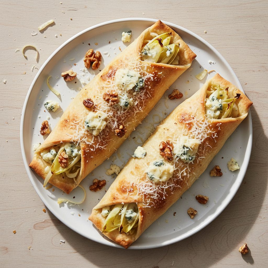 Flammkuchen met witlof, gorgonzola en walnoten