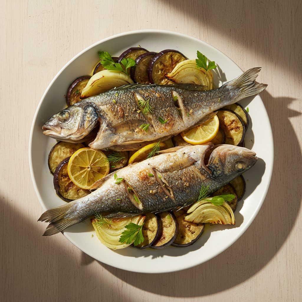 Mediterrane zeebaars uit de oven met aubergine, venkel en citroen