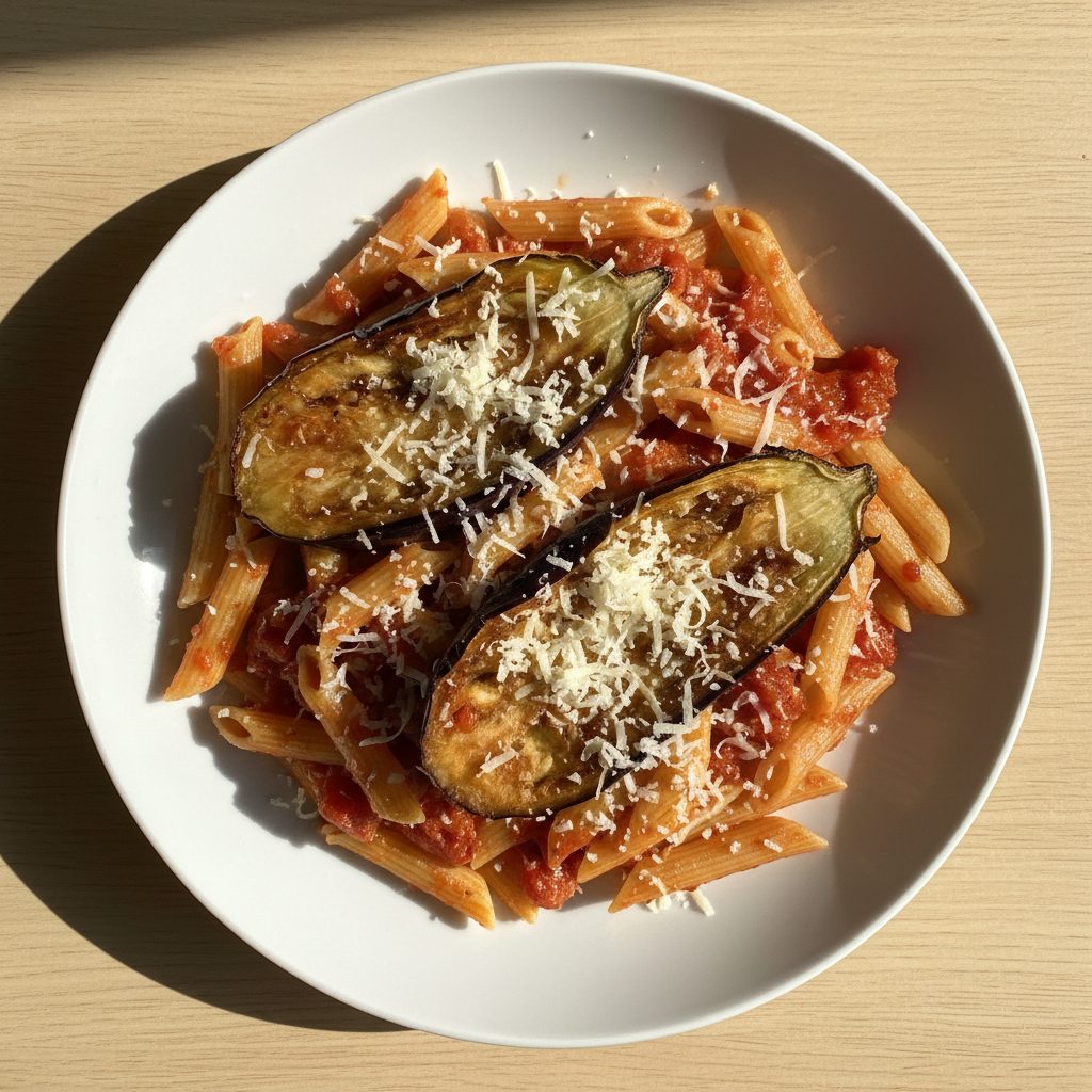 Penne met geroosterde aubergine, tomaat en Parmezaan