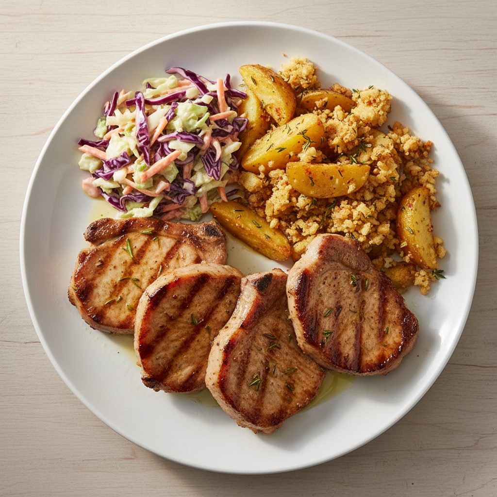 Schouderkarbonade met gekruide aardappelpartjes en koolsla