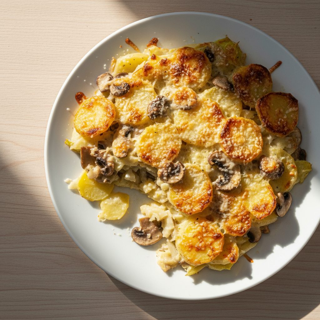Franse witlofgratin met aardappelen, champignons en kaas
