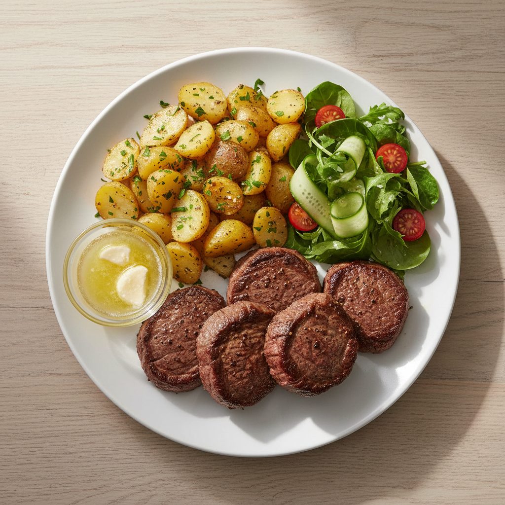 Kogelbiefstuk met knapperige bakaardappelen, kruidenboter en salade