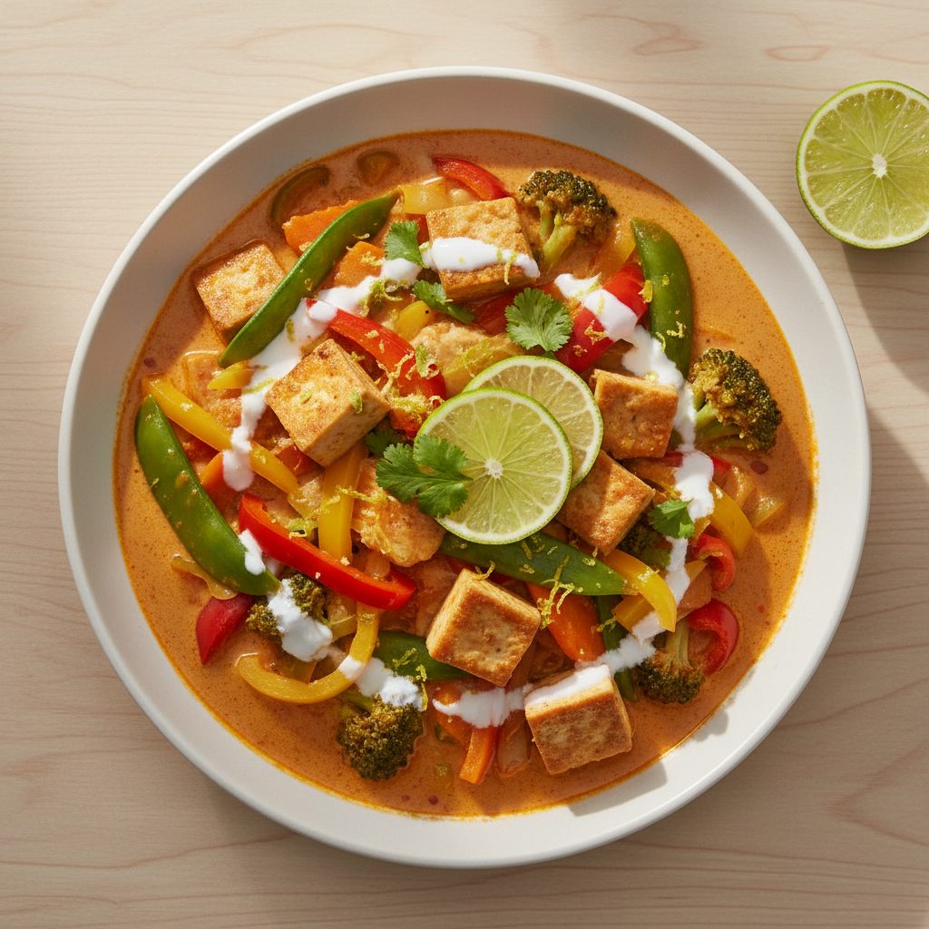 Thaise rode curry met kokosmelk, tofu en verse groenten