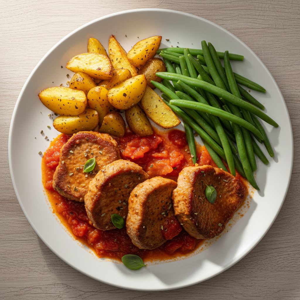 Hollandse schouderkarbonade in tomatensaus met bakaardappelen en sperziebonen