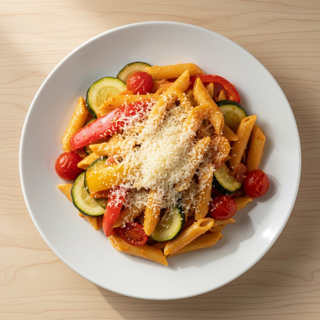 Romige penne met geroosterde paprika, courgette en Grana Padano