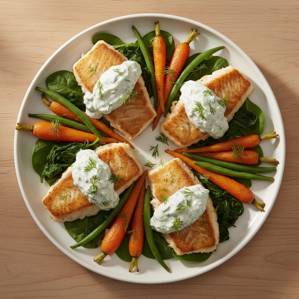 Gebakken pangasius met frisse dille-yoghurtsaus en geroosterde worteltjes