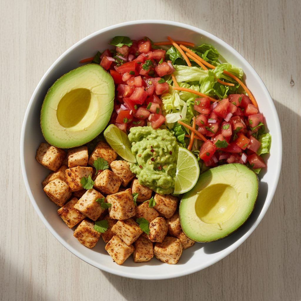 Mexicaanse kipburrito-bowl met guacamole en tomatensalsa