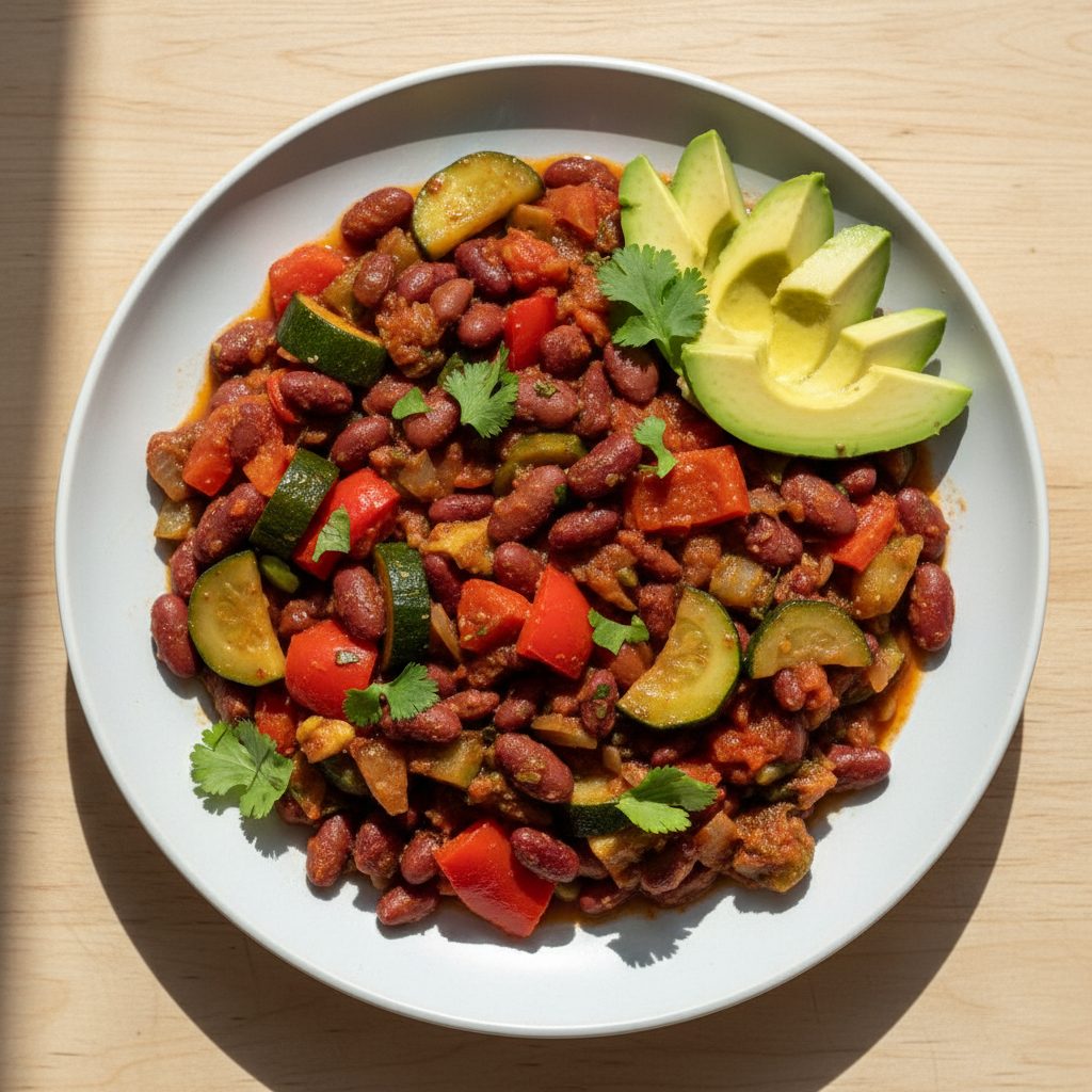 Mexicaanse bonenpan met paprika, courgette en avocado