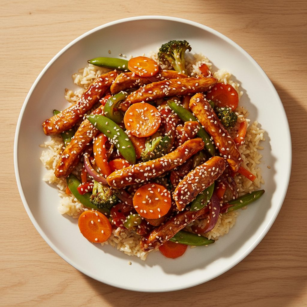 Snelle teriyaki-kipwok met wokgroenten en sesamzaad