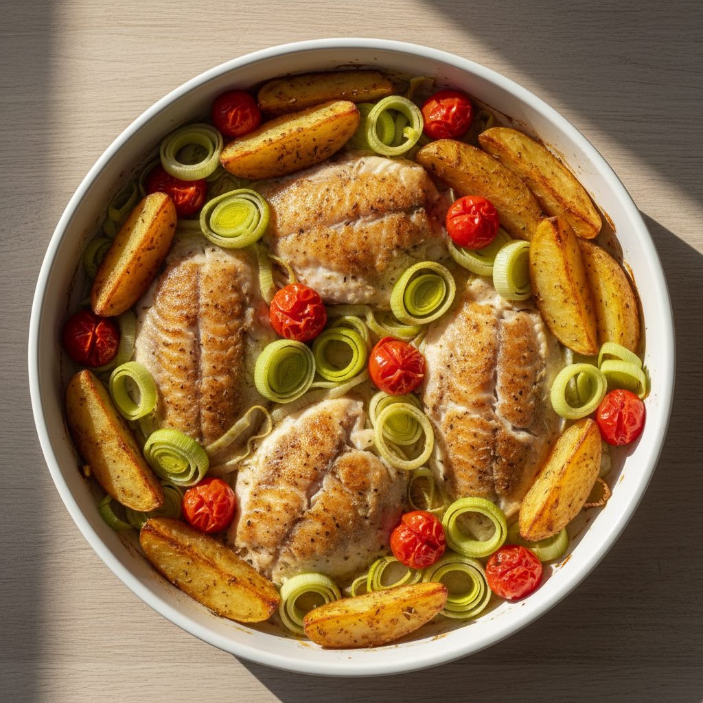 Ovenschaal met pangasius, prei en krokante aardappeltjes