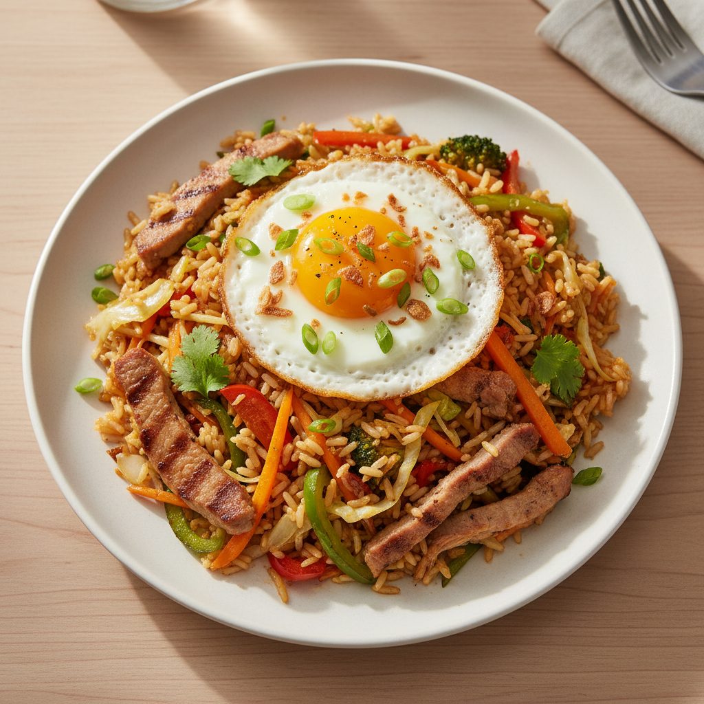 Nasi goreng met varkensreepjes, wokgroenten en gebakken ei