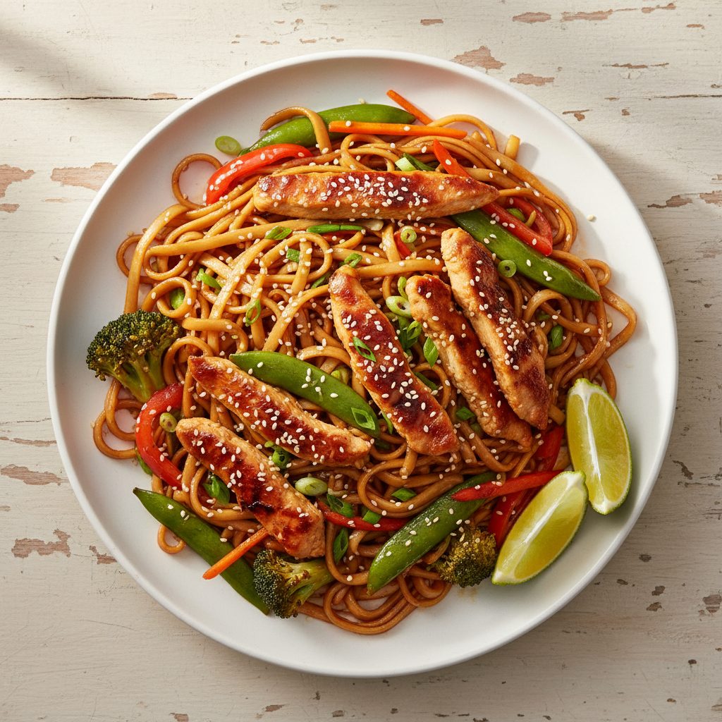 Indonesische kip-ketjapnoedels met wokgroenten