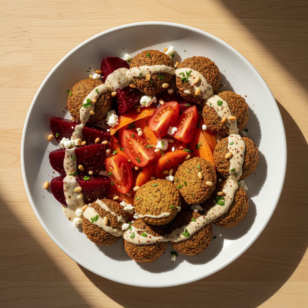 Midden-Oosterse falafelschotel met rode biet en tahindressing