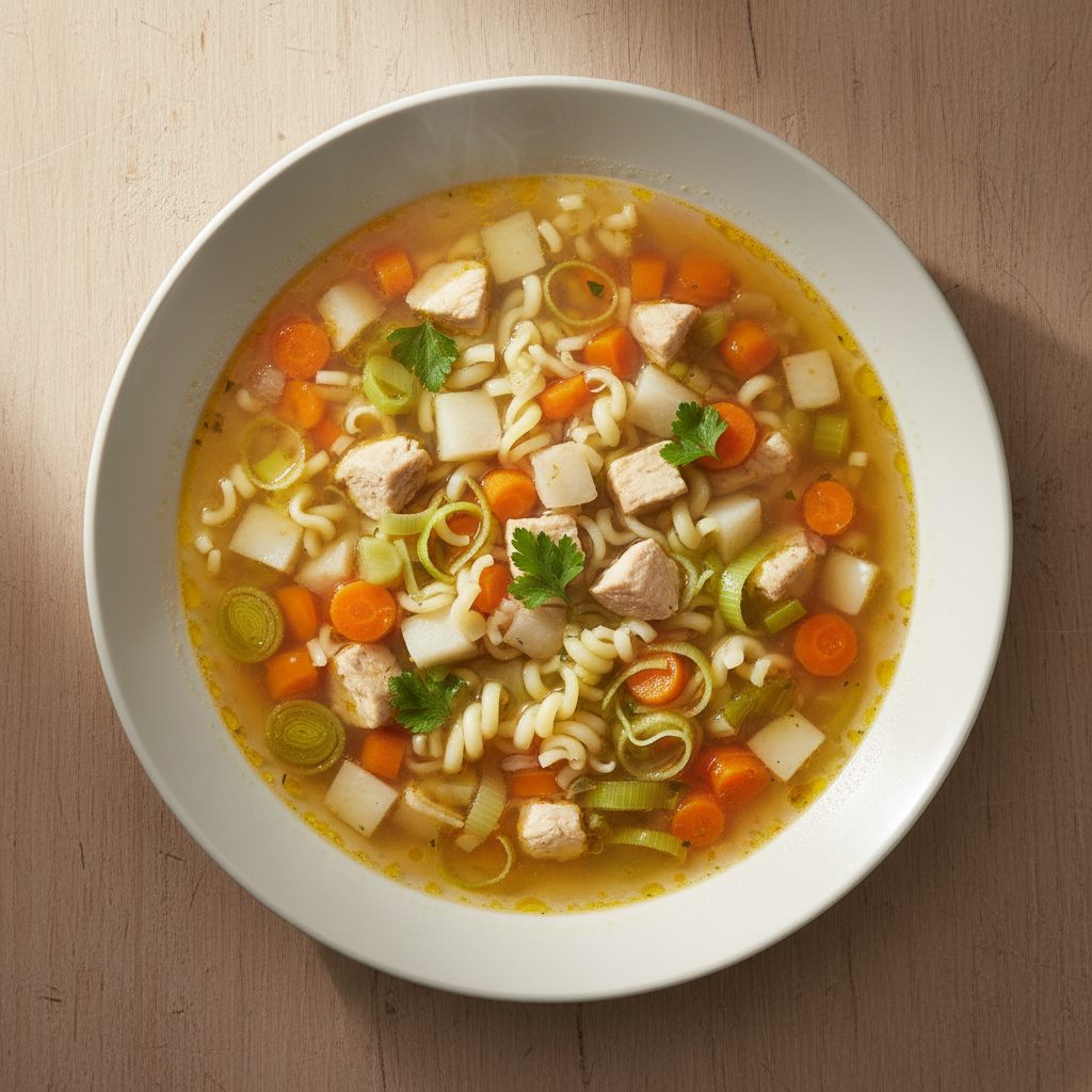 Klassieke kippensoep met prei, wortel en vermicelli