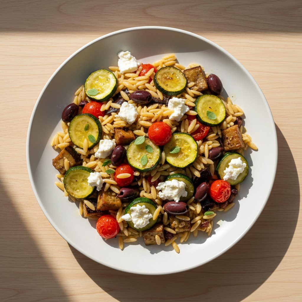Griekse orzo met geroosterde groenten, feta en olijven