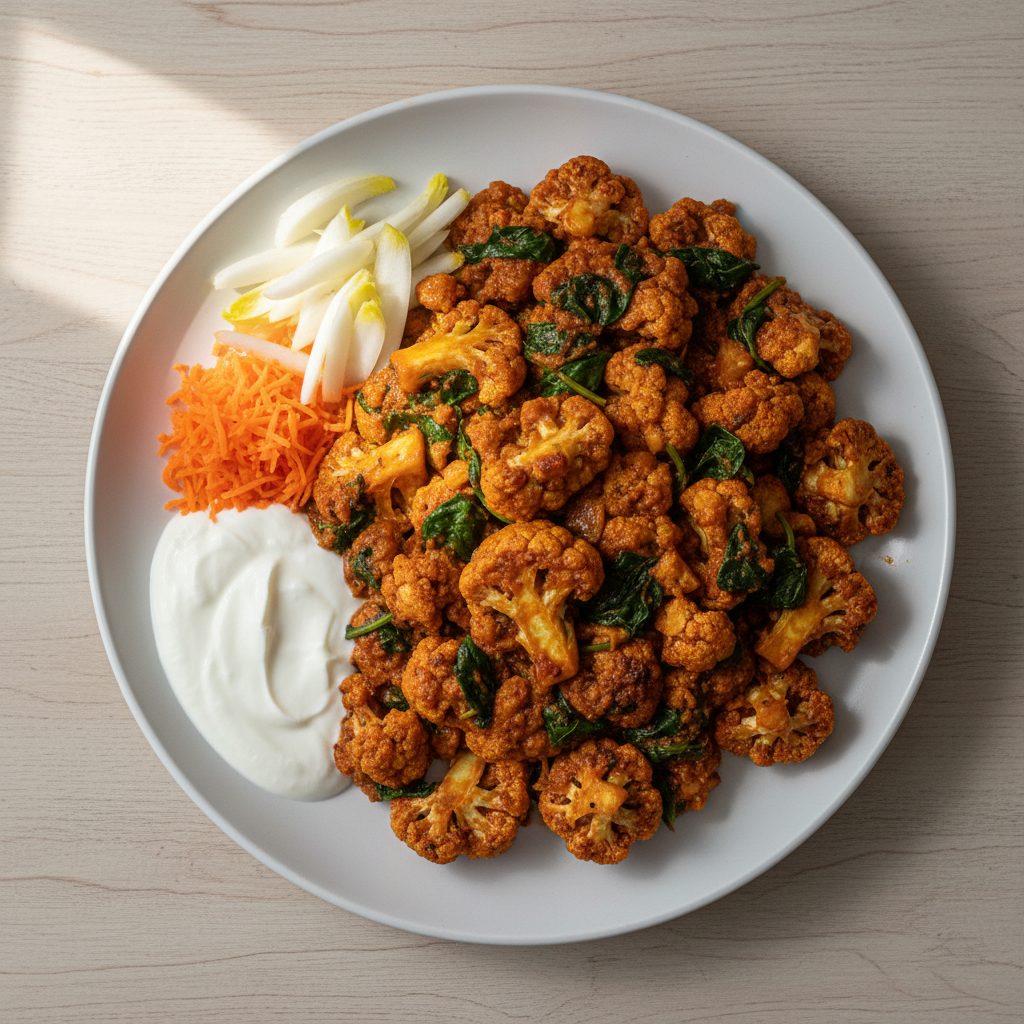 Indiase bloemkool-tikka masala met spinazie en yoghurt