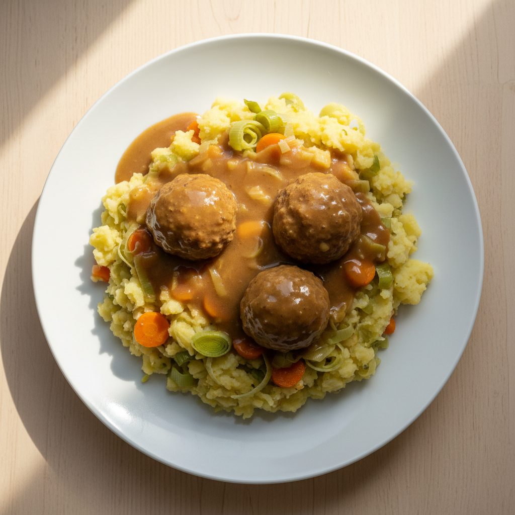 Hollandse gehaktballetjes met prei-wortelstamppot en jus
