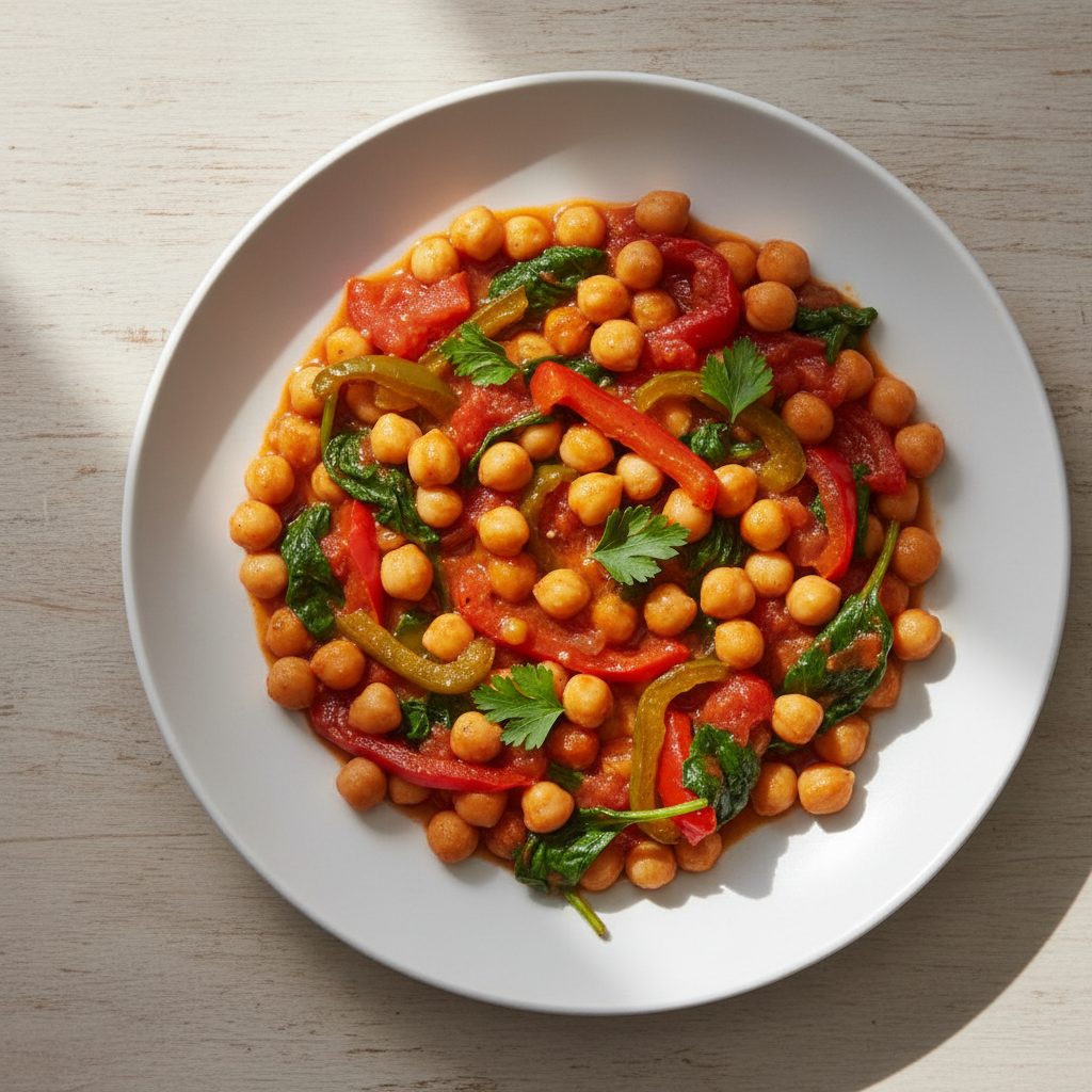 Spaanse kikkererwten-shakshuka met paprika en spinazie