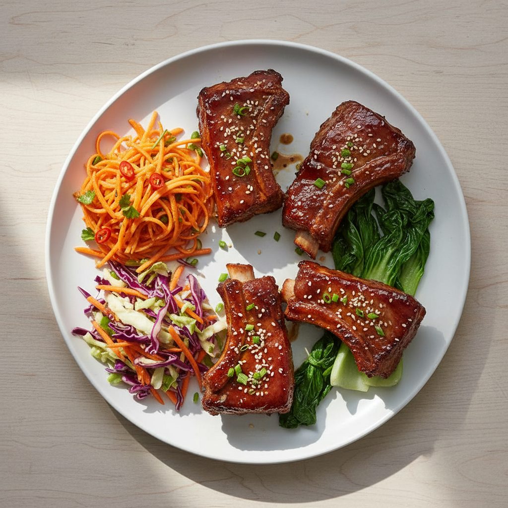 Koreaans gemarineerde ribkarbonade met zoetzure wortelsalade