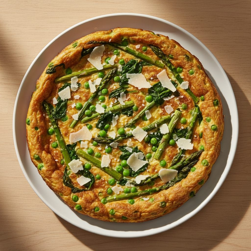 Lentefrittata met groene asperges, erwtjes en Grana Padano