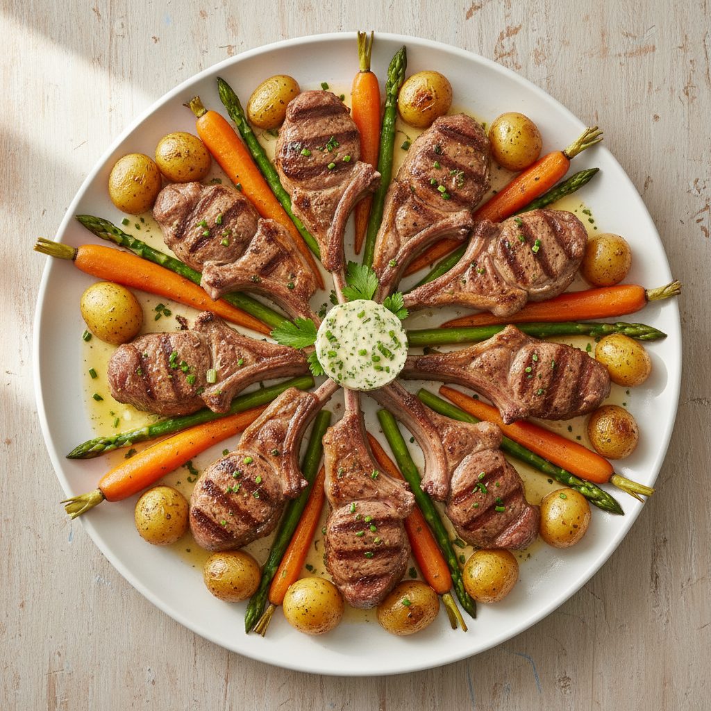 Lamskoteletten met geroosterde voorjaarsgroenten en kruidenboter