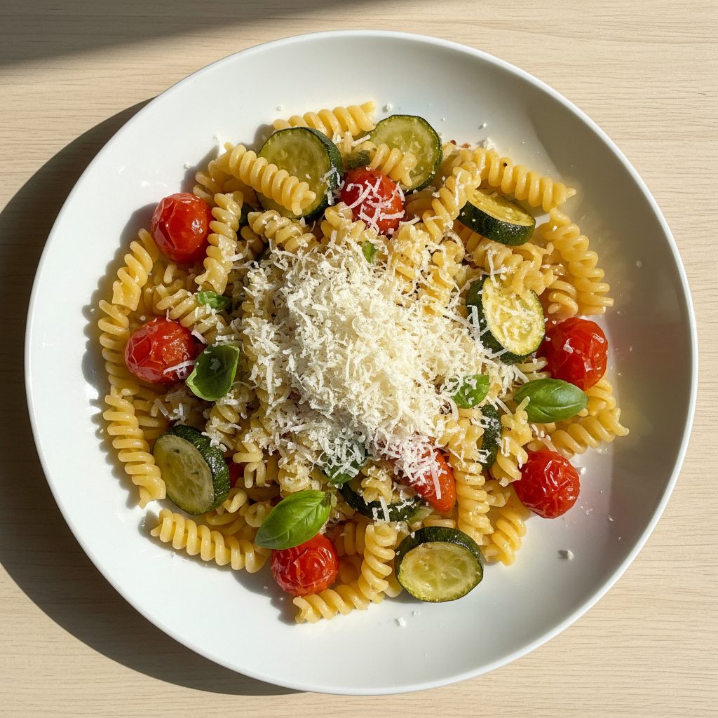 Penne met geroosterde courgette, kerstomaat en Italiaanse kaas
